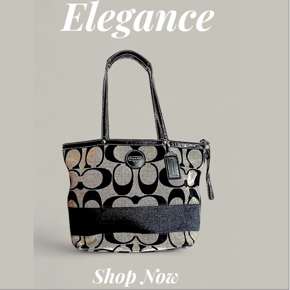 COACH Vintage Luxury Signature Canvas Stripe Canvas Tote in Black/Gray - Picture 8 of 16